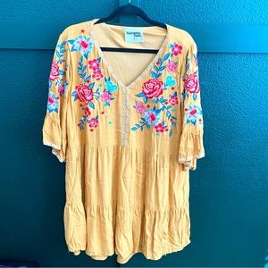 1X Mustard Floral Embroidery Linen-like Mini Dress - Tunic with liner Boutique